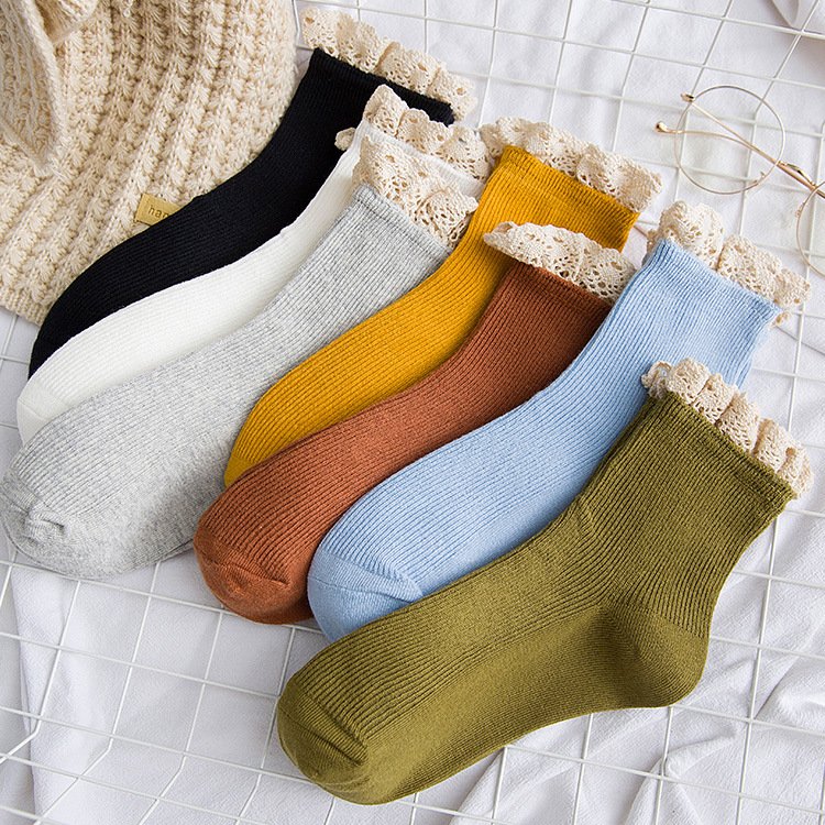 All-Season Lace Socks for Women - Solid Color Mid-calf Length