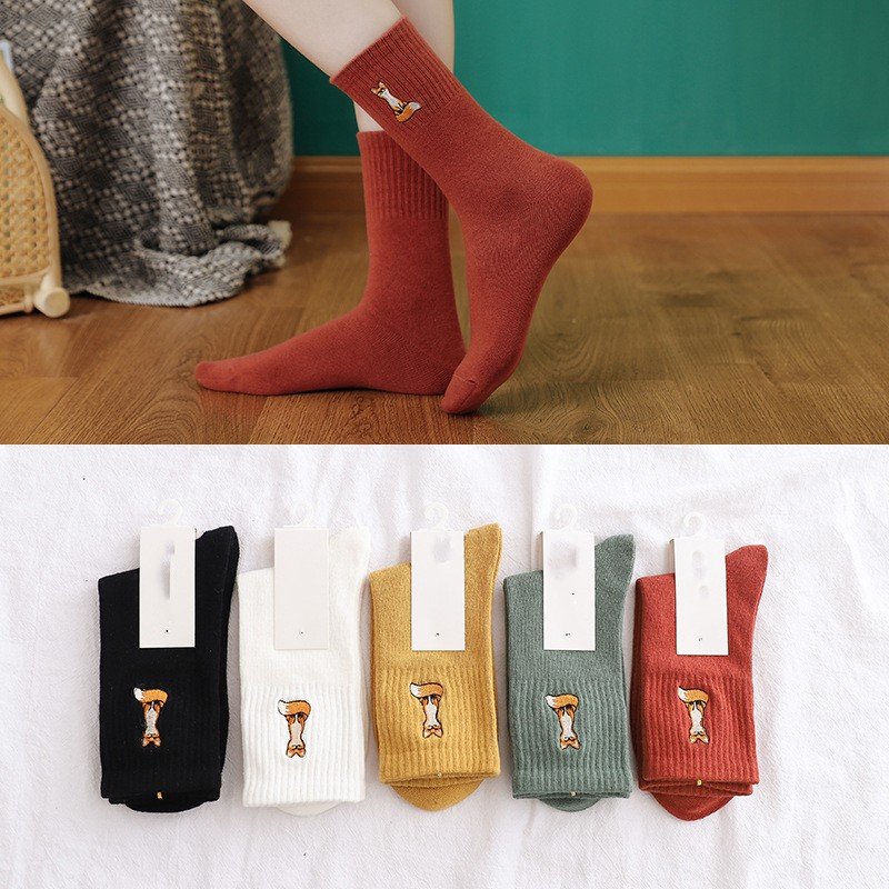 Women's High Top Corset Waist Socks with Fox Embroidery