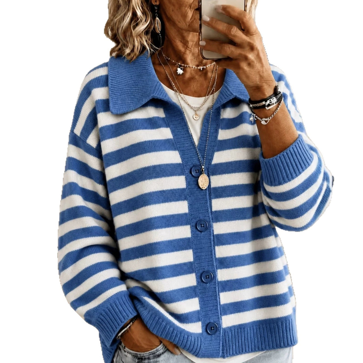 Womens Fashion Striped Lapel Knitted Jacket