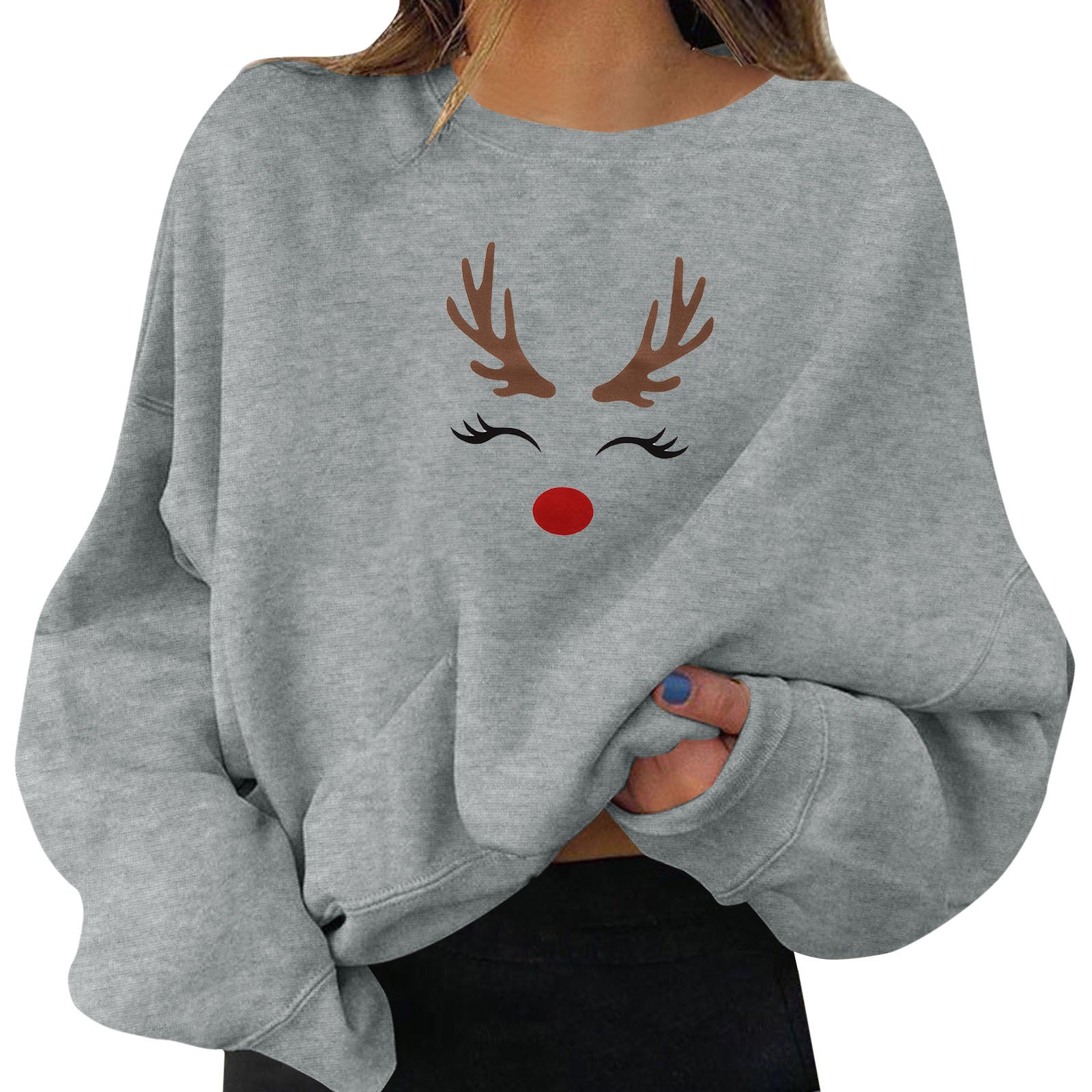 Festive Round Neck Print Christmas Sweatshirt