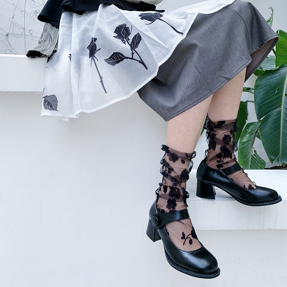 Retro Lace 3D Rose Mesh Socks for Women