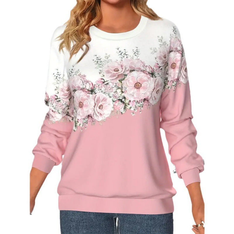 Women's 3D Floral Print Long Sleeve Pullover Sweatshirt