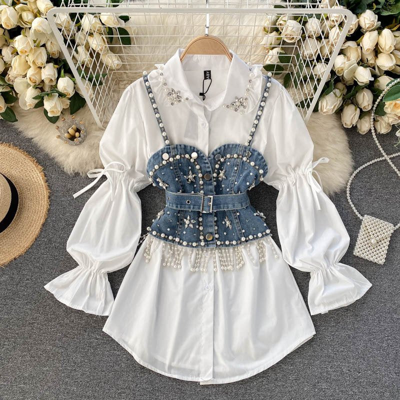 Women's 2-Piece Pearl Vest Set with Puff Sleeves and Tassel Details