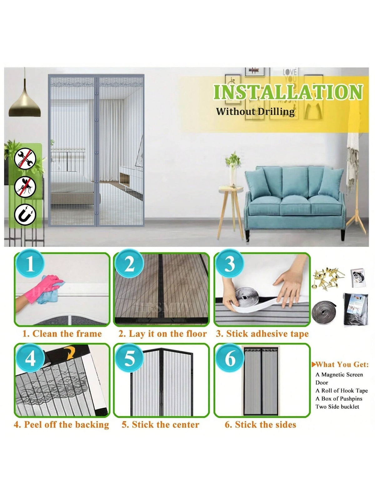 Magnetic Screen Door Curtain - Manual or Automatic Closing Mesh, White Stripe Design, Mosquito-proof Summer Breathable Partition, Suitable for Living Room, Bedroom, Garage, Kitchen - No Drilling Neede