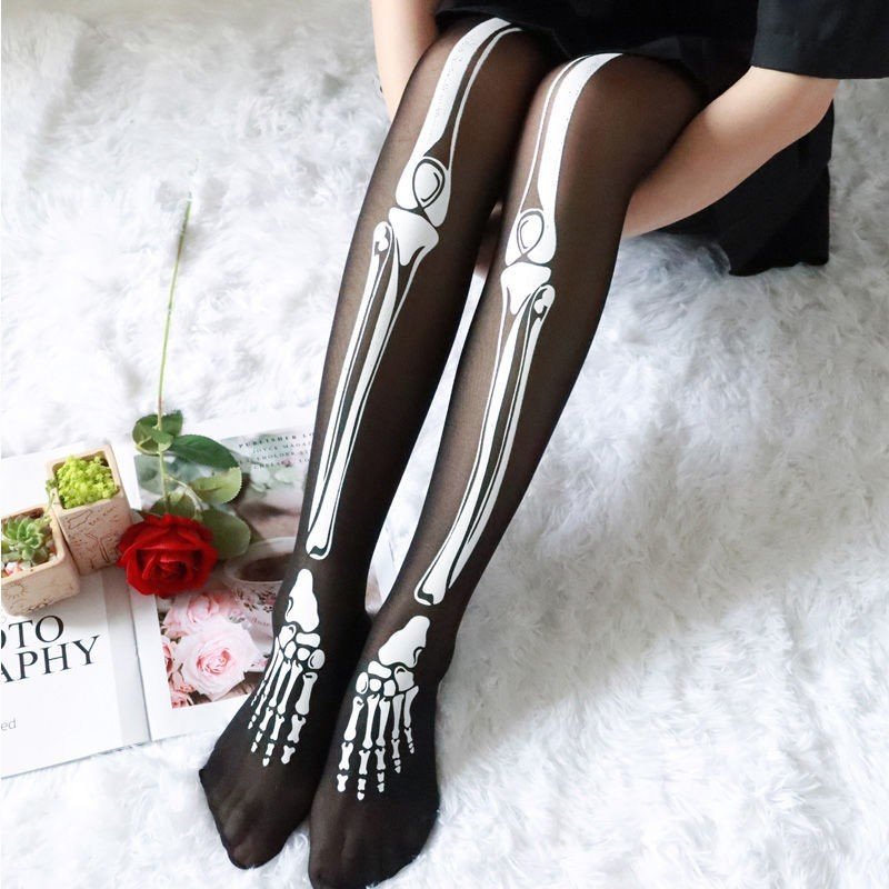 Black Skeleton Leggings for Women, Anti-Run Tights with Regular Waistband
