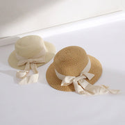 Women's Khaki Straw Sun Hat with Sunscreen and Ribbon Bow