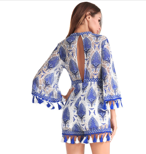 Lace Trumpet Sleeve Fringe Jumpsuit