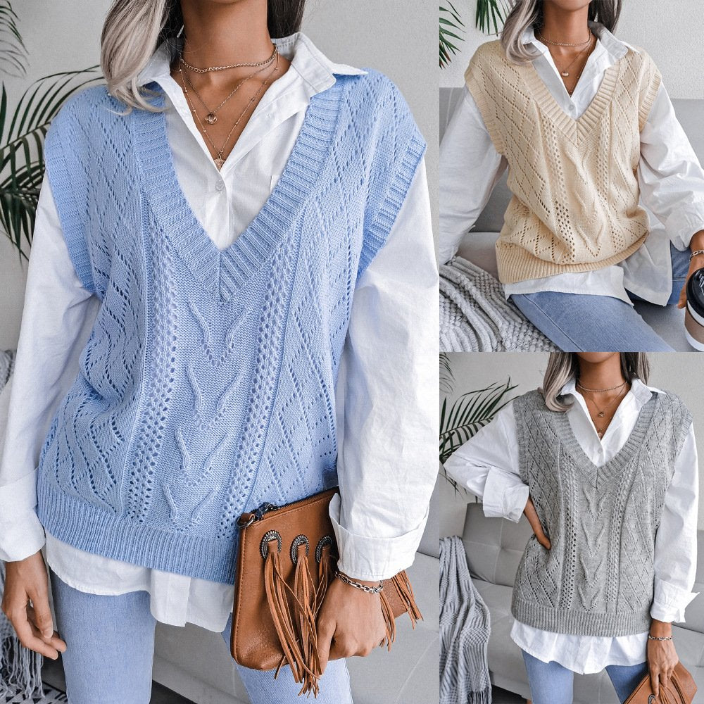 Twist V-Neck Knitted Vest Sweater - Versatile Streetwear for Women