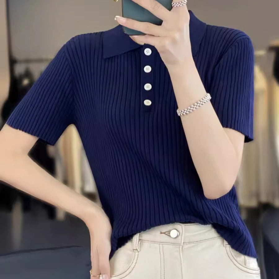 Navy Blue Hollow Striped Short Sleeve