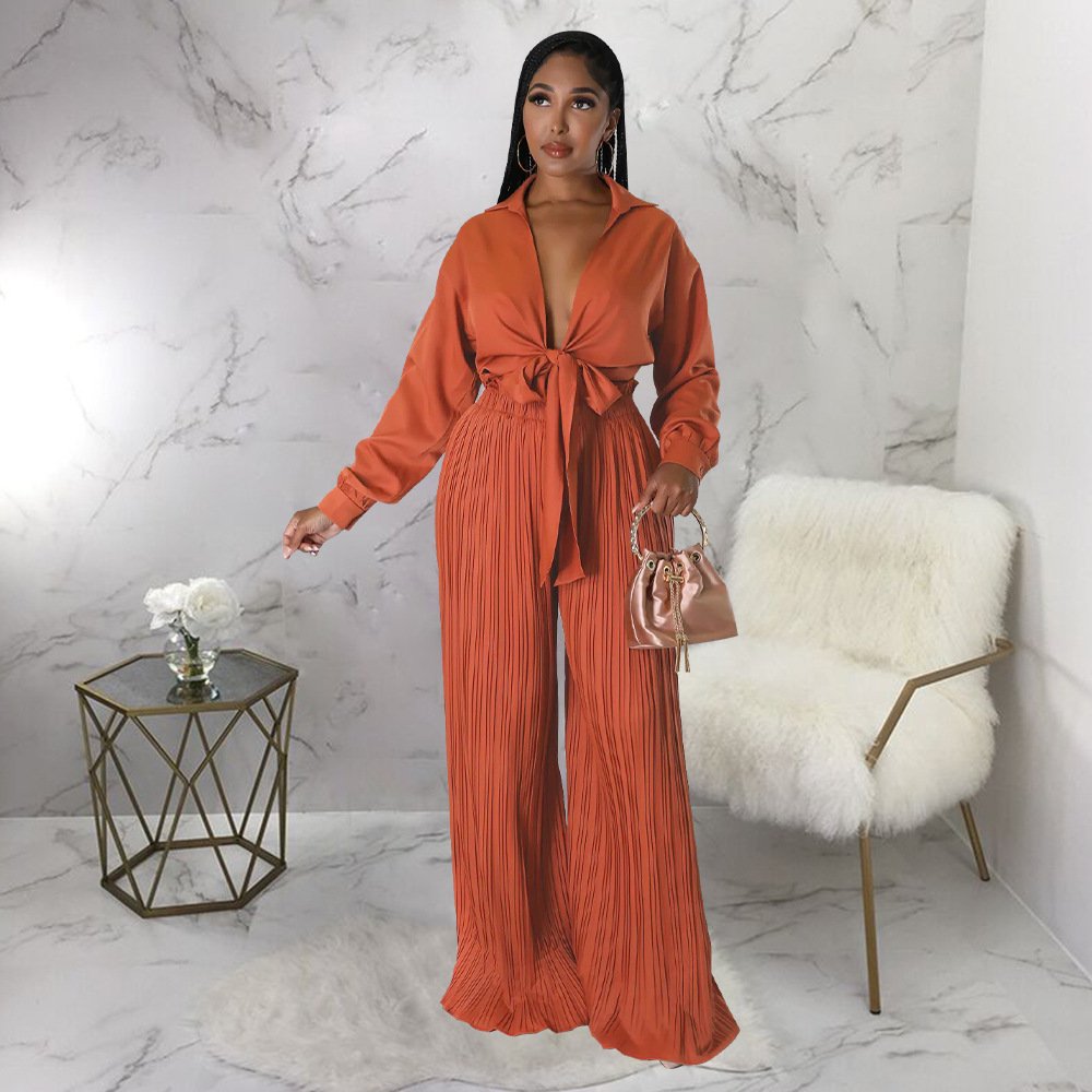 Autumn Women's Long Sleeve V-neck Lace-up Blouse and Pleated Pants Set