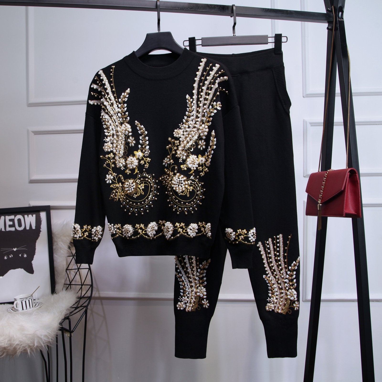 Sequin Bead Long-sleeved Jumpsuit Set for Women