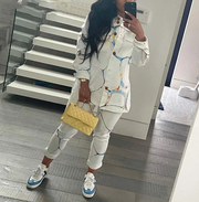 Casual Printing Shirt Collar Coat Set for Women