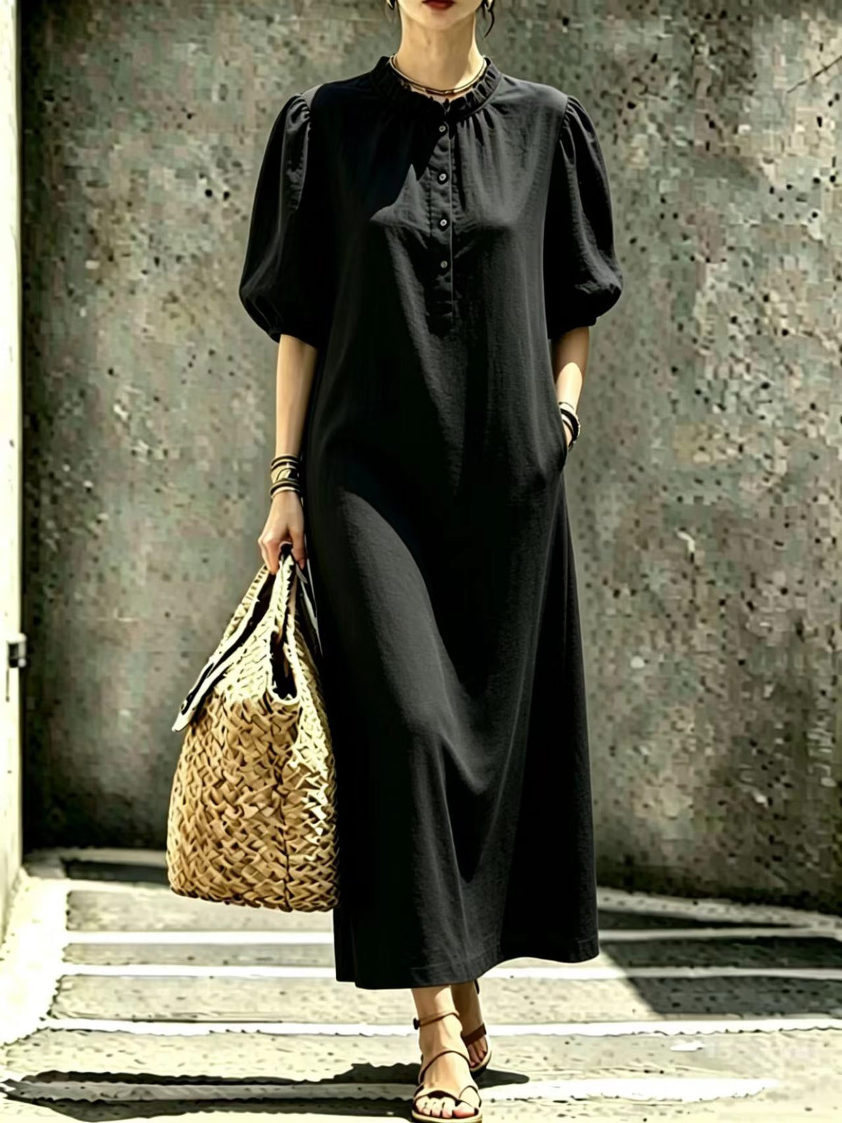 Womens Solid-color Stand-collar Puffed-sleeve Straight Dress