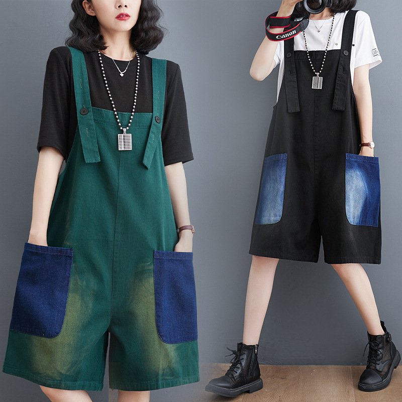 Contrast Denim Strap Pants for Women