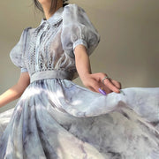 Lace Bubble Sleeve Shirt Dress for Women