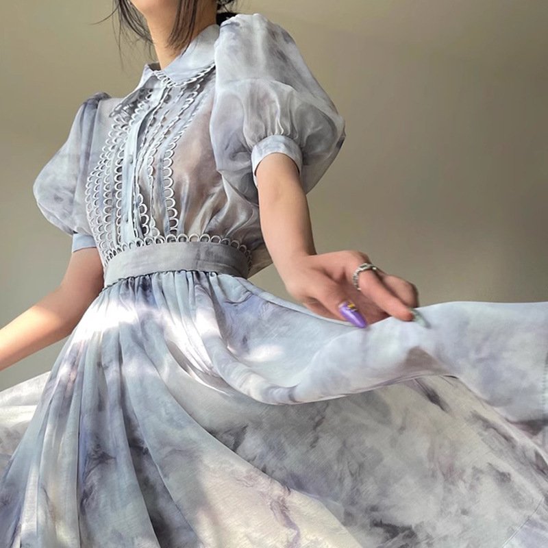 Lace Bubble Sleeve Shirt Dress for Women