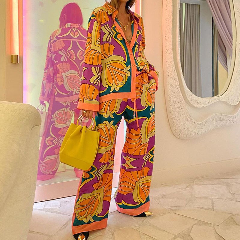 Plus Size Floral Trousers Set - Long Sleeve Top and Bottom