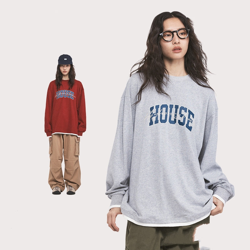 Casual Fake Two-Piece Letter Print Long Sleeve Tee