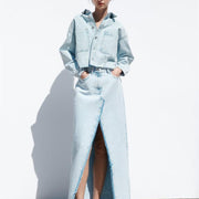 Light Blue Denim Short Skirt Coat Set for Women
