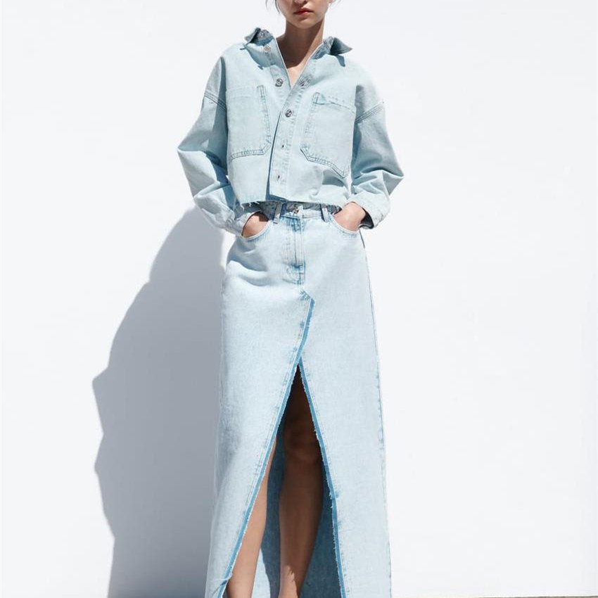 Light Blue Denim Short Skirt Coat Set for Women