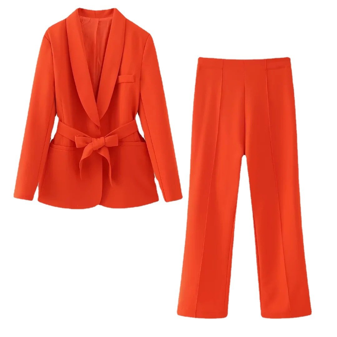 French Style Women's Suit Set with Belt Dress and Pants