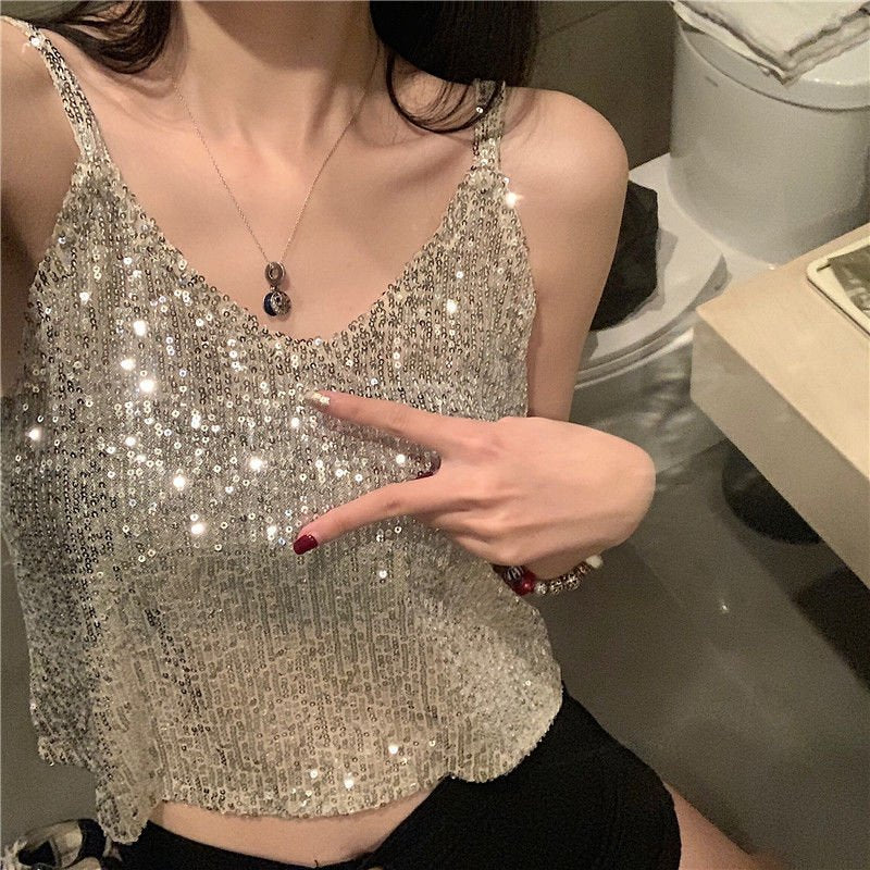 Glitter Camisole Top for Women - V-Neck Inner Match Camis