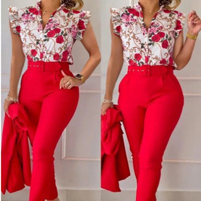 Ruffled Sleeve Top & Cropped Pants Set with Belt