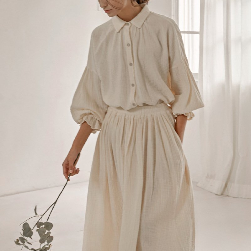Cozy Lantern Sleeve Gauze Loungewear Set for Women
