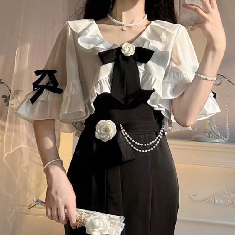 Ruffled Fairy Fishtail Skirt Set - Artistic Retro Style Two-piece Outfit