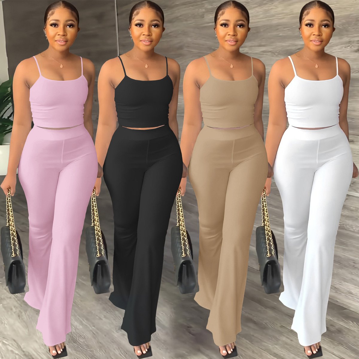 Simple Solid Color Bell-Bottom Sling Pants for Women