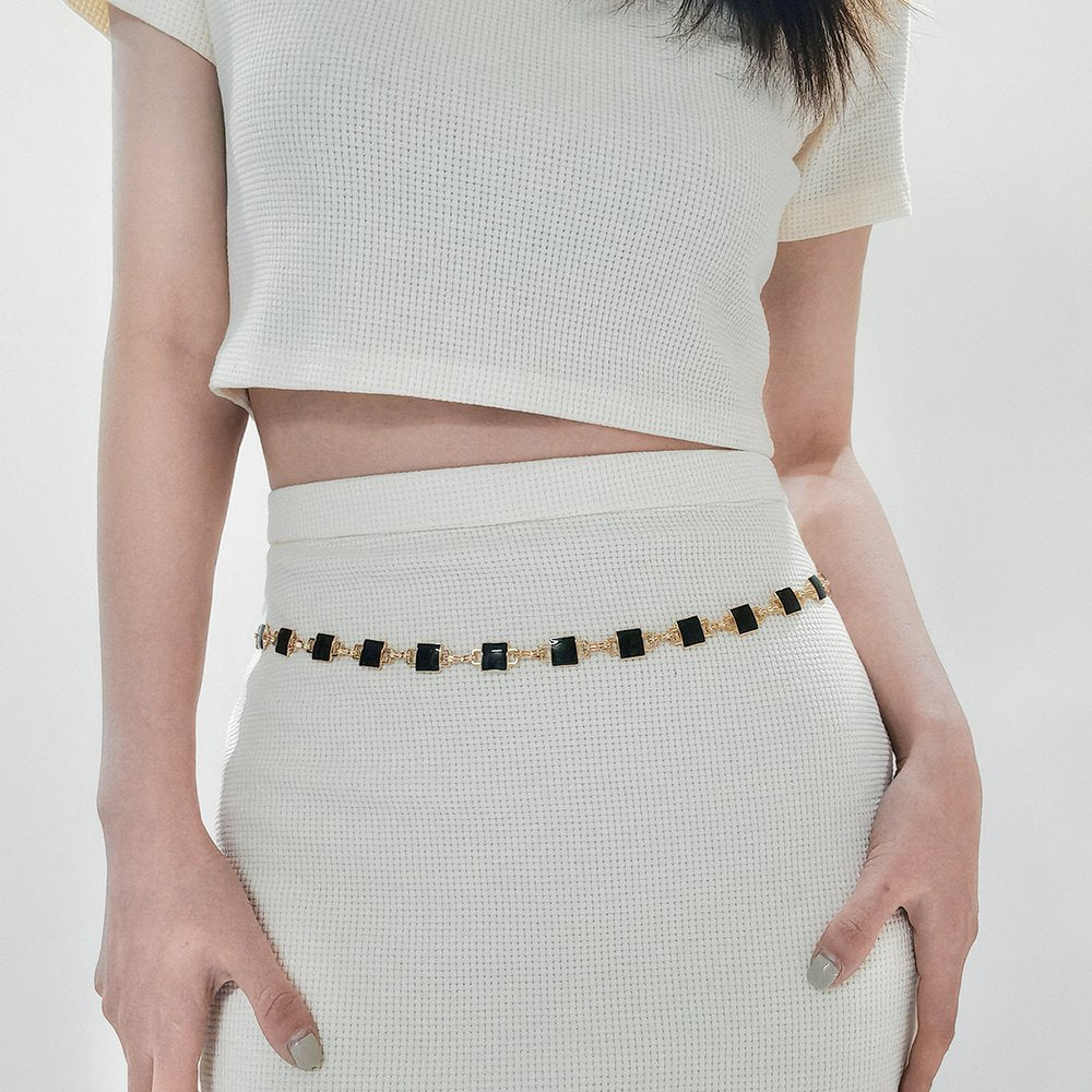 Elegant Waist Chain for Women - Thin Black & White Checkerboard Metal Accessory
