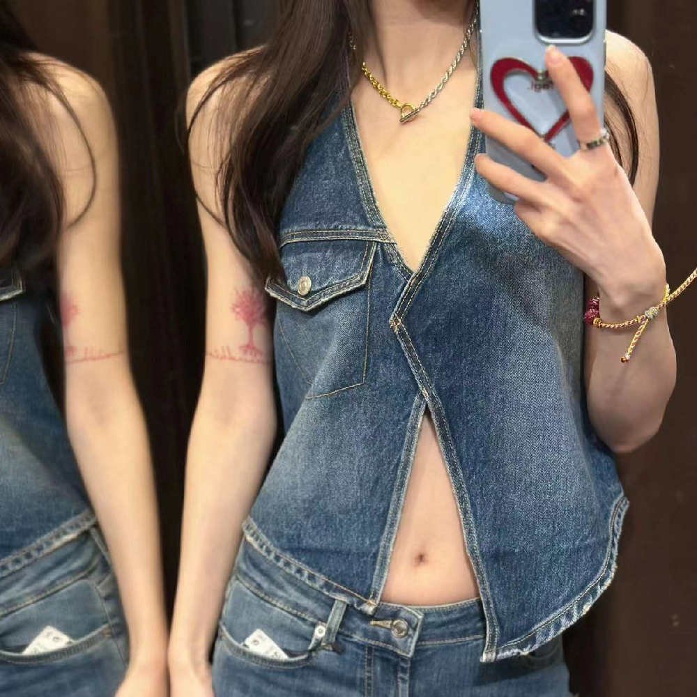 Denim Collar Top for Women - Mid Waist Style