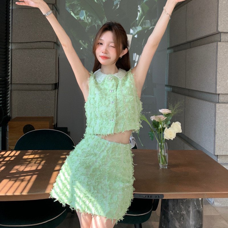 Women's Elegant Green Top & Short Skirt Set
