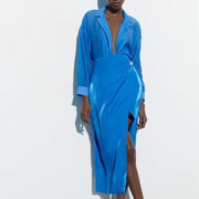 Double Breasted Silk Satin Skirt with Belted Blouse