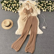 Lace Up Knit Wide Leg Pants Set for Women