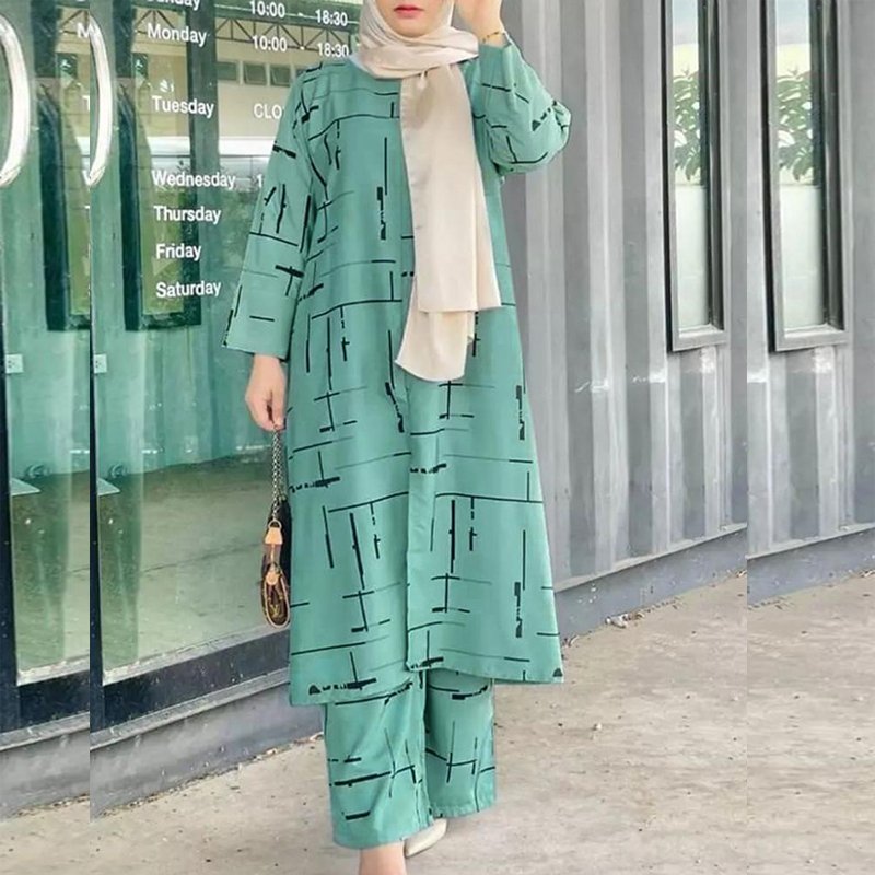 Army Green Women's Muslim Print Jumpsuit Set
