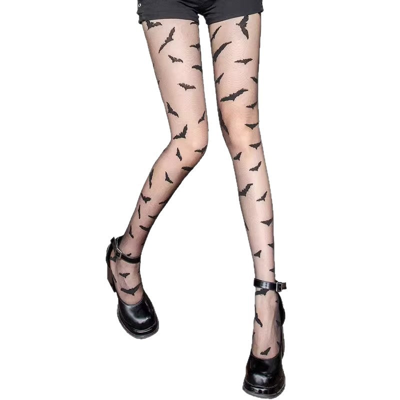 Black Punk Bat Print Opaque Jumpsuit Stockings