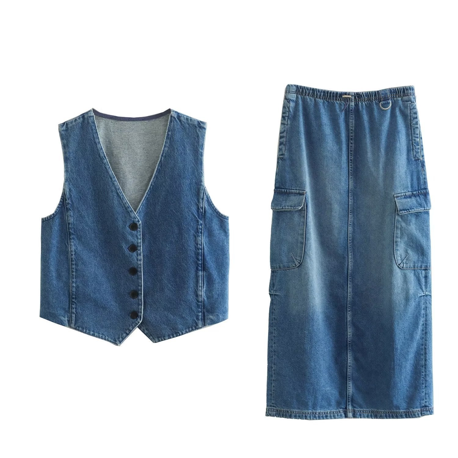 Denim Jumpsuit Set for Women, High Waist Slit Skirt Vest