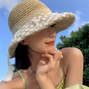 Summer Straw Hat for Women - Beige & Coffee Lace Bow