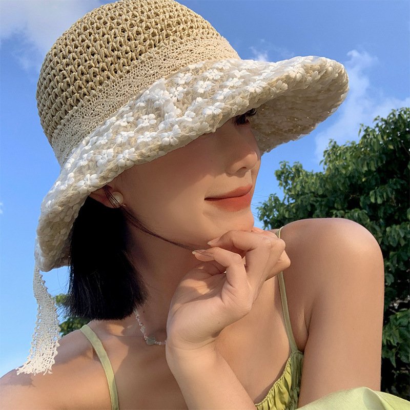Summer Straw Hat for Women - Beige & Coffee Lace Bow