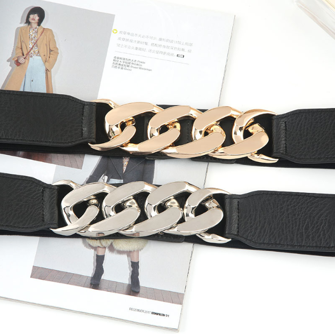 Gold or Silver Buckle Elastic Waist Dress Belt
