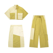 Women's Geometric Patchwork Windbreaker Midi Skirt Set