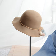 Warm Woolen Bucket Hat for Women, Adjustable Felt Cap with Mink Fur Ball