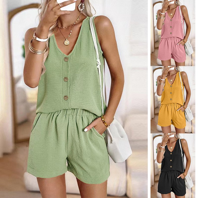 Solid Color Two-piece Vest Top Shorts Set for Women