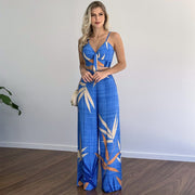 V-Neck Short Vest Wide Leg Pants Two-Piece Set for Women