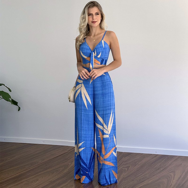 V-Neck Short Vest Wide Leg Pants Two-Piece Set for Women