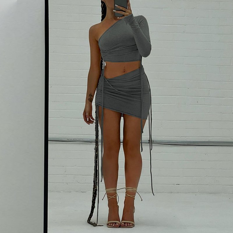 One-Shoulder Jumpsuit with Side Drawstring Skirt