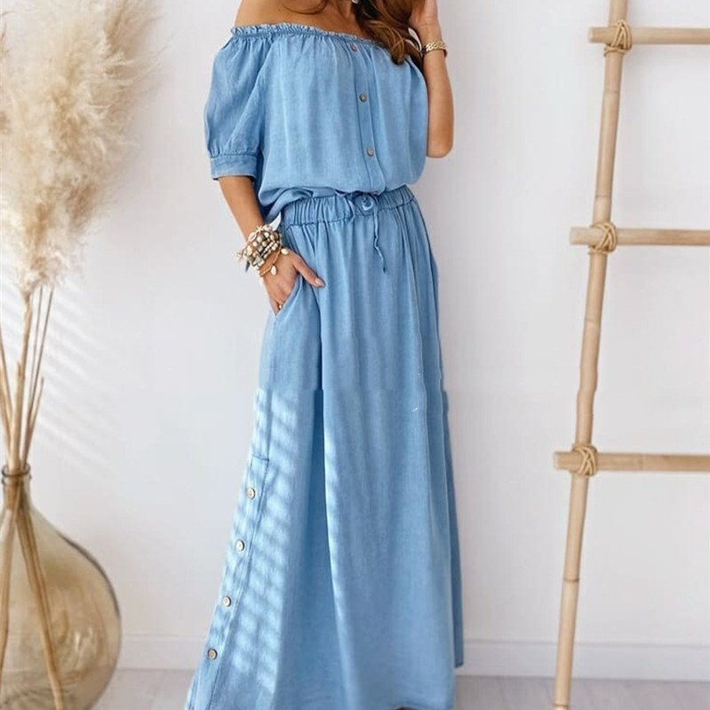 Blue Off-the-Shoulder Denim Skirt for Women