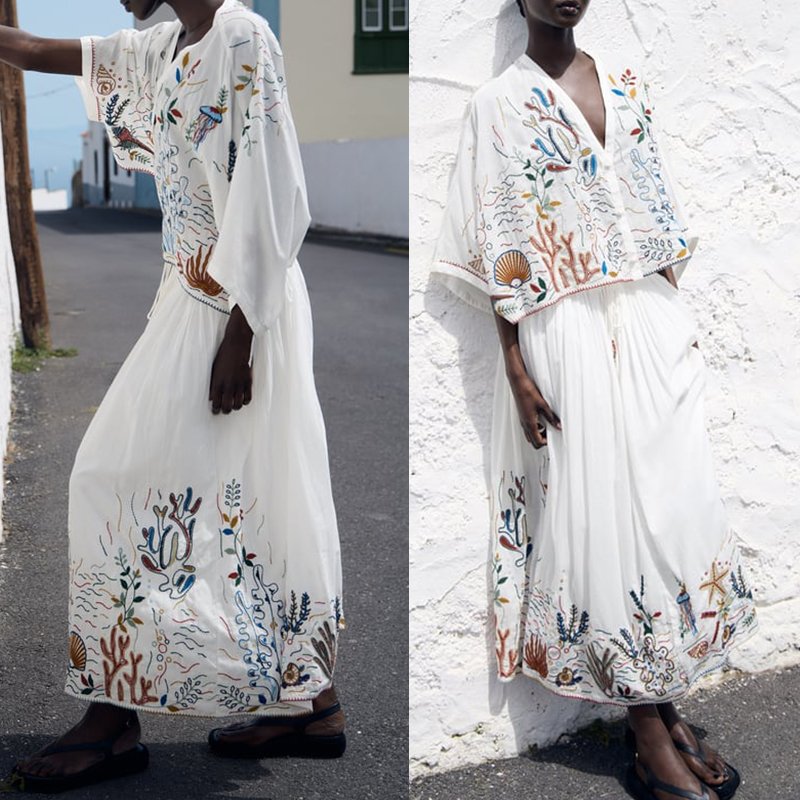 V-Neck Embroidery Jumpsuit Set for Women