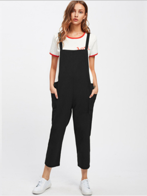 Casual Cotton Pocket Suspenders Cropped Overalls